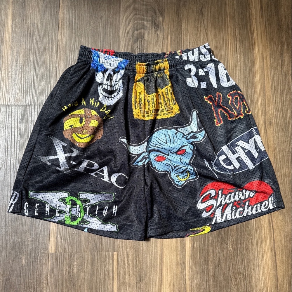 Chalk Line WWE Attitude Era Mesh Shorts Mens Small Black AOP Wrestling Legends